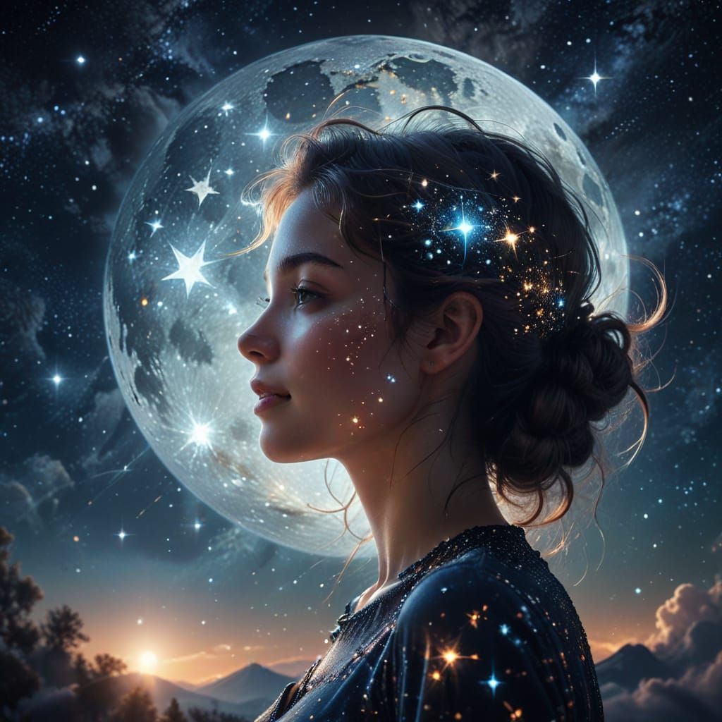 Double exposure Surrealism. Close up. Woman's silhouette fil...