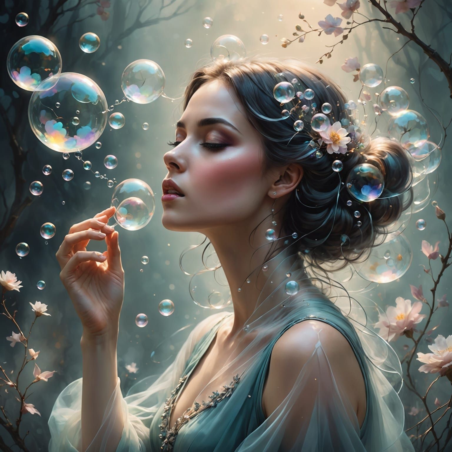 Ethereal Woman Blowing Smoky Bubbles