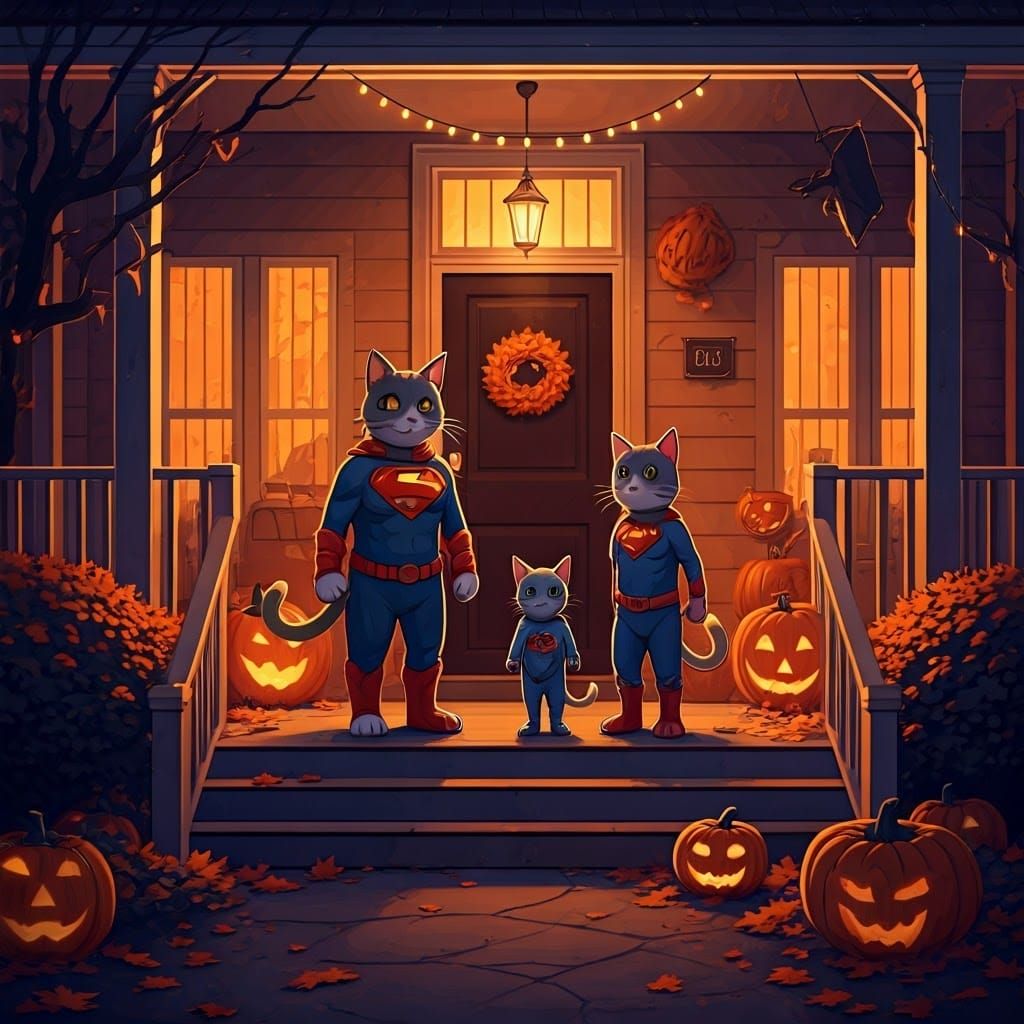 Cat Family Halloween in Studio Trigger Anime Style