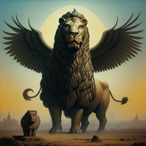 Ancient Mesopotamian Guardian with Wings Outstretched in Gol...