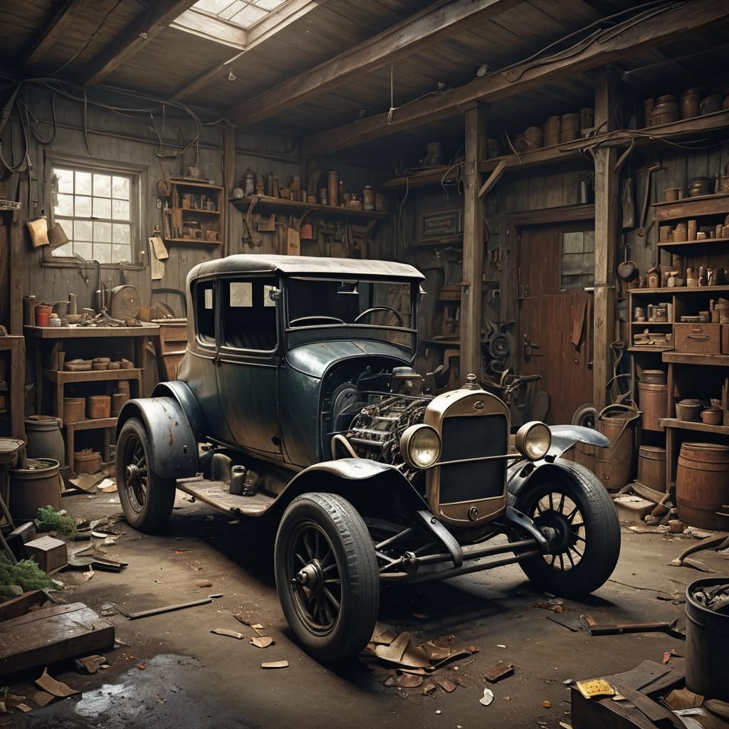 Abandoned Ford T in New England Garage: Horror Concept Art