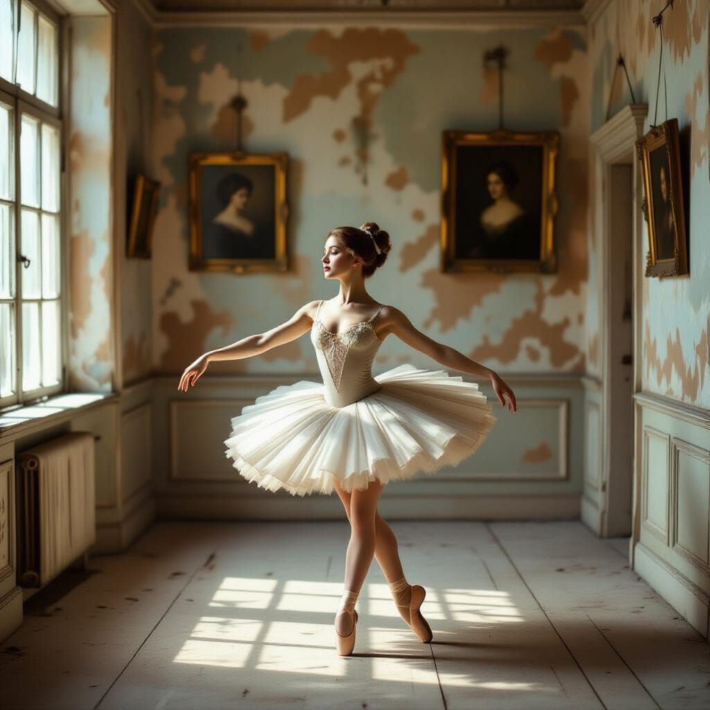 Vintage Ballerina Pirouettes in Dusty Ballroom