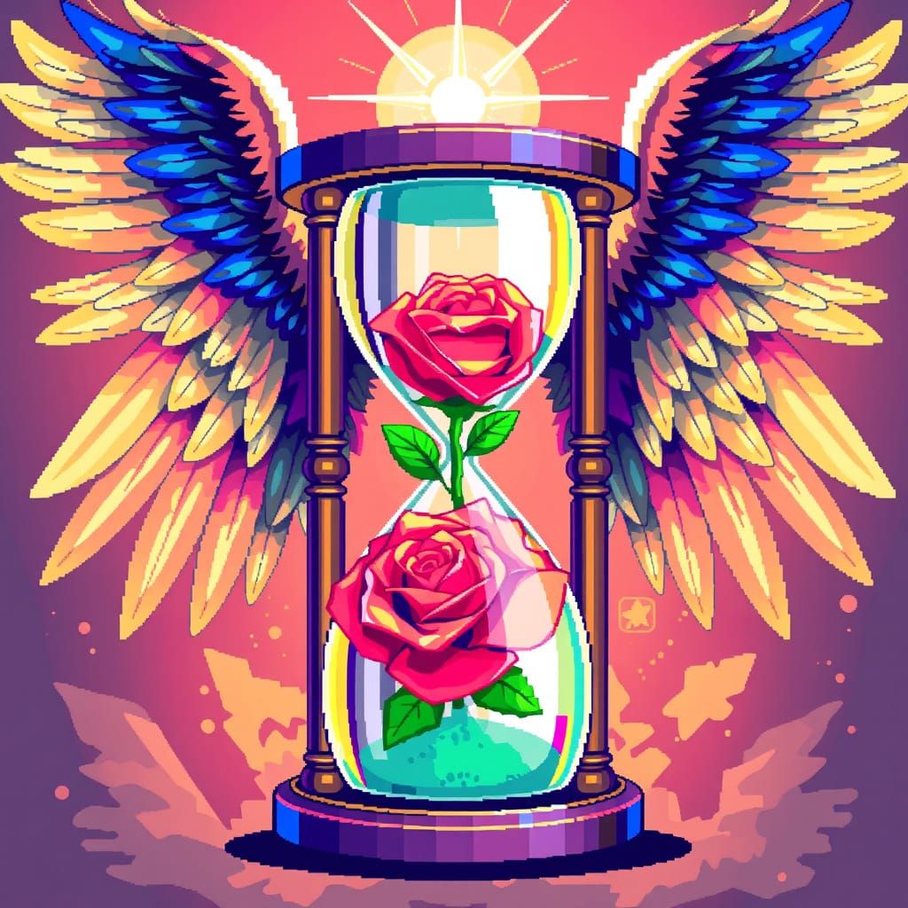 Hourglass with Rose and Angel in Pixel Art