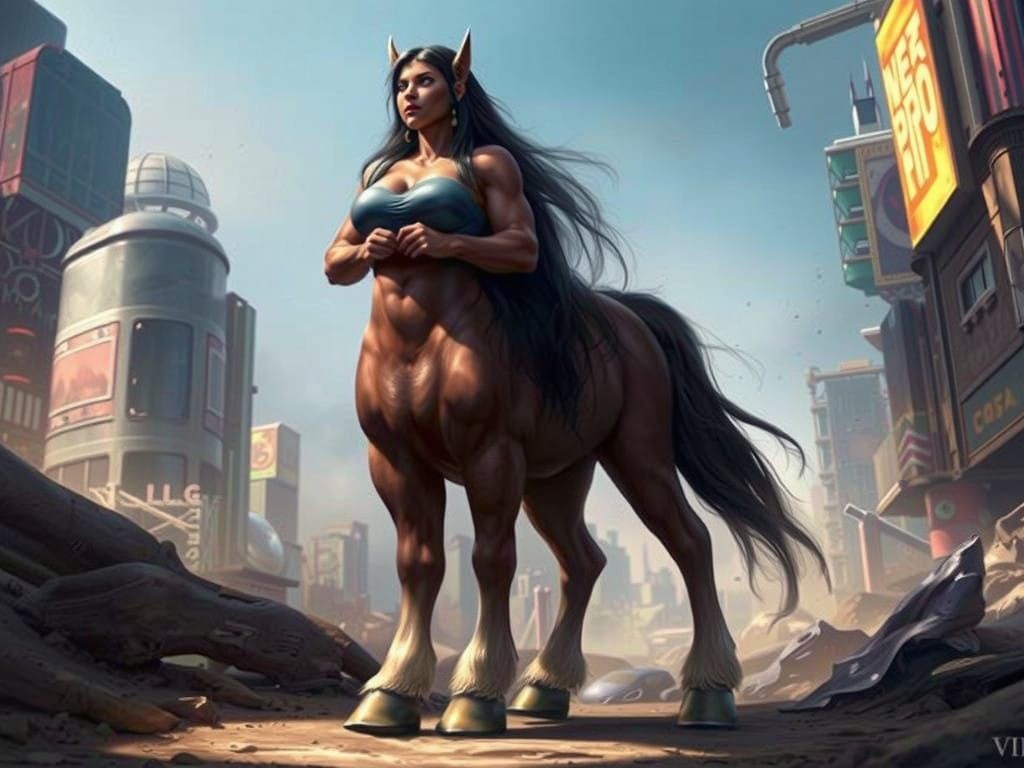 Cyberpunk Centaur Goddess Stands Tall in Futuristic City