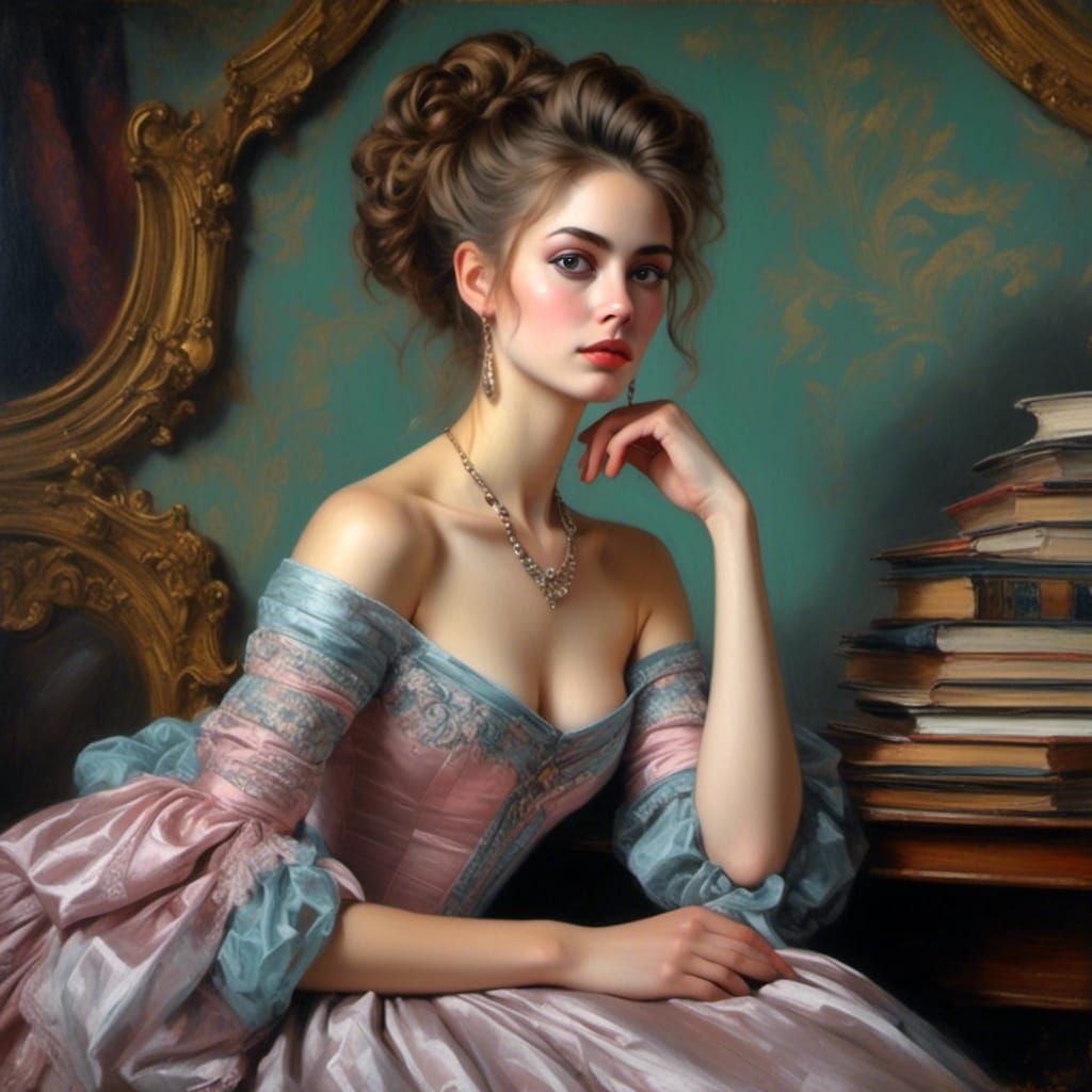 Victorian Woman in Library, Oil Painting Illustration