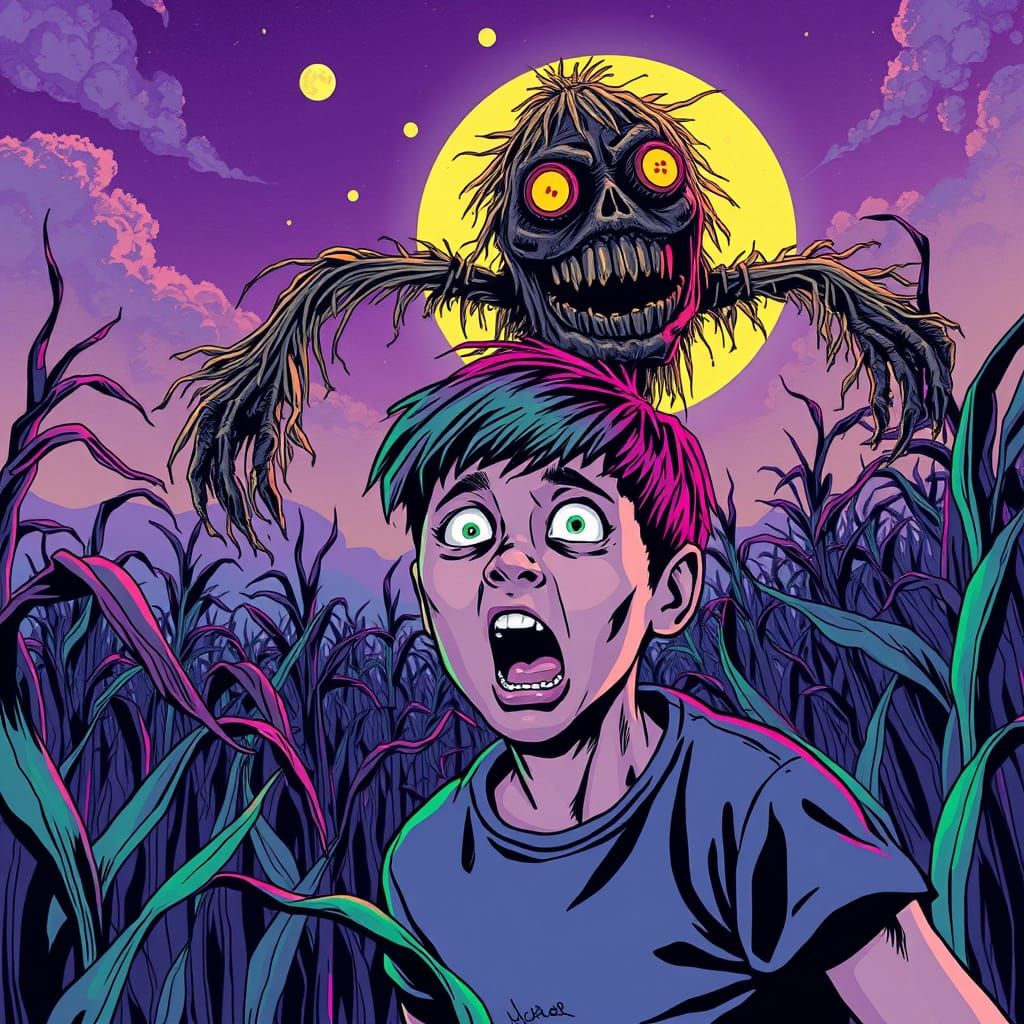 Terrified Teen in Cornfield: 90s Horror Comic