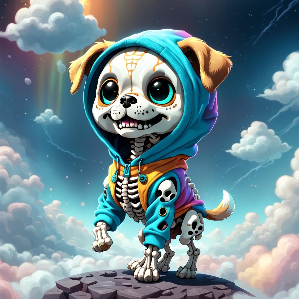 Cute Chibi Dog Skeleton in Dreamscape Clouds
