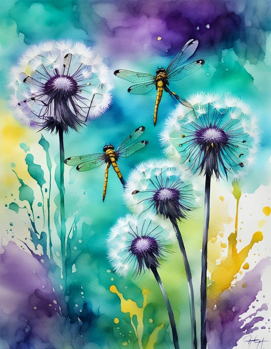 Watercolor Dandelion Seed Heads with Dragonflies