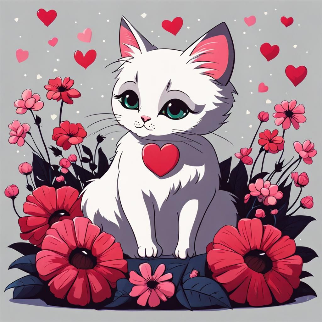 Cute Cat Surrounded by Flowers in Tim Burton Style