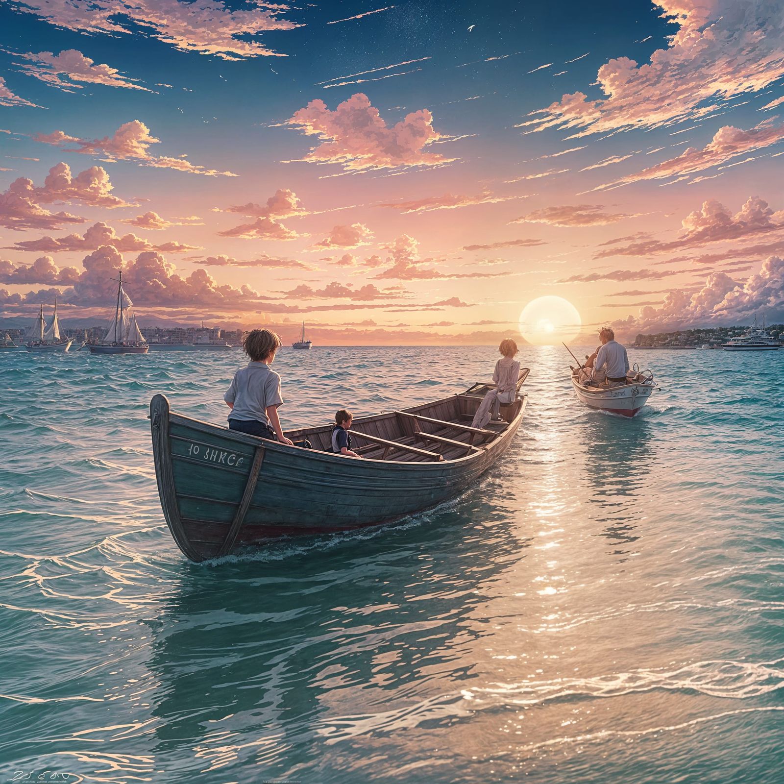 Sunset Seascape with Anime Style Figures