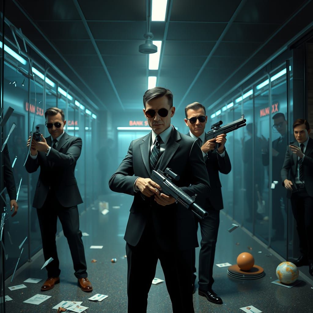 Men in Black Stand Guard at Futuristic Bank Heist