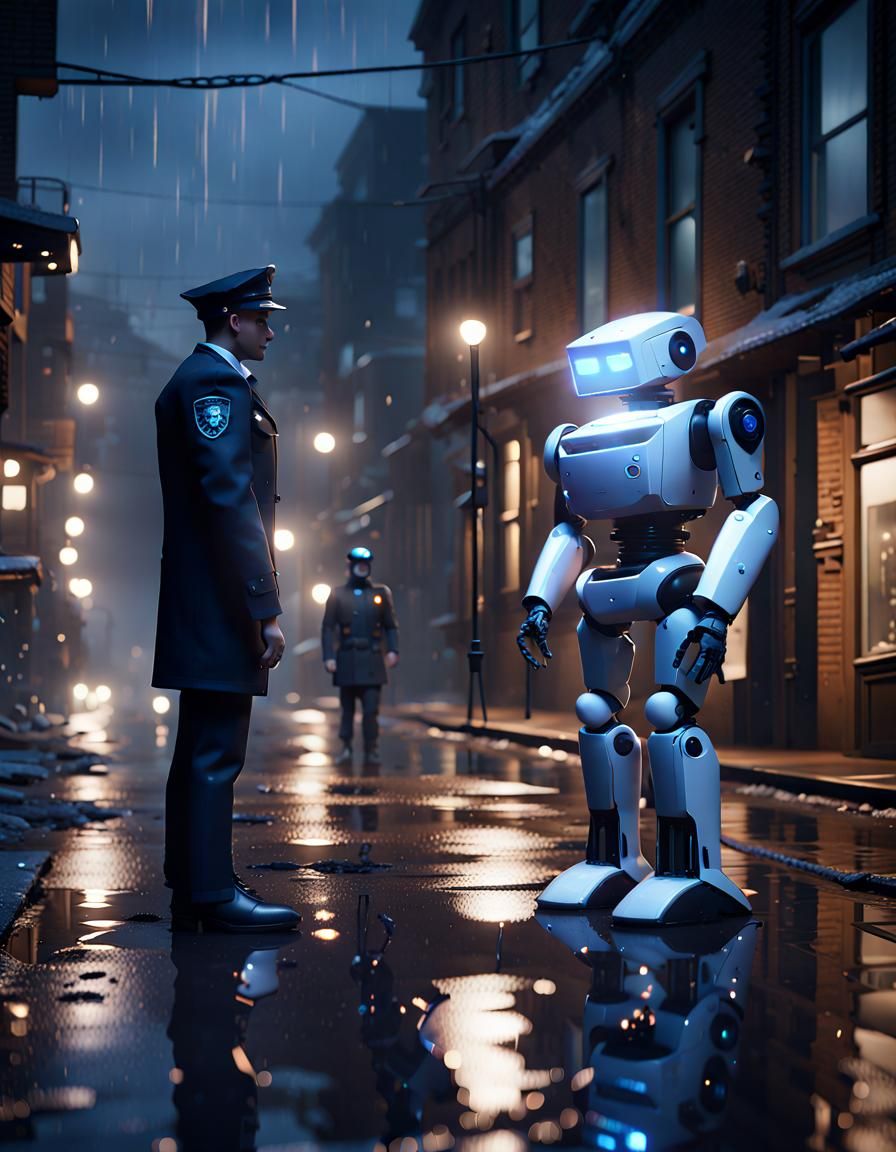 Robot Detective Investigates in Rain, 3D Cinematic