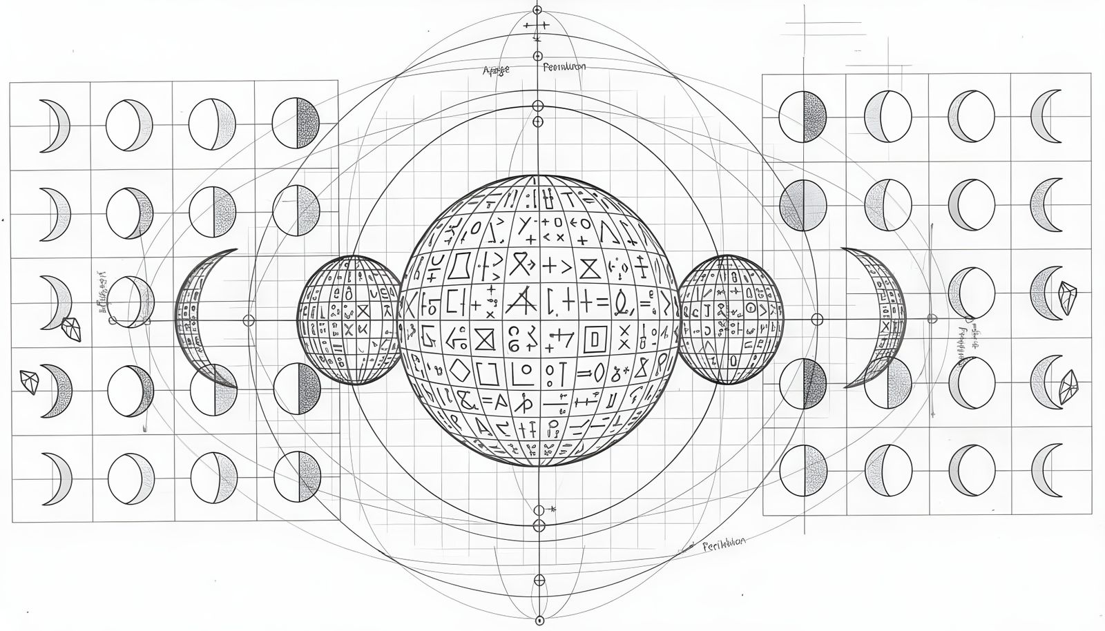 Minimalist Lunar Cycle Wireframe Diagram