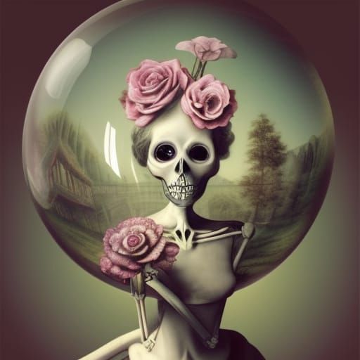 Gothic Skeleton Girl with Botanical Globe: 3D Surreal Master...