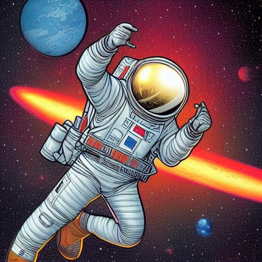 Astronaut Flying to Mars: Comic Book Art