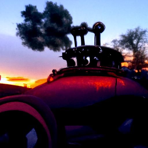 Steampunk Engine Car at Sunset
