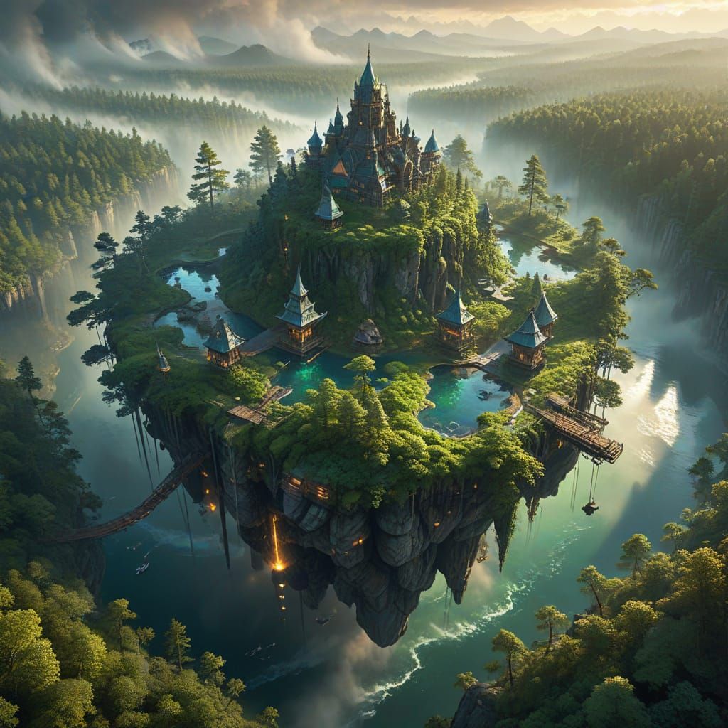 Floating Islands Above Taiga Forest in Golden Hour Light