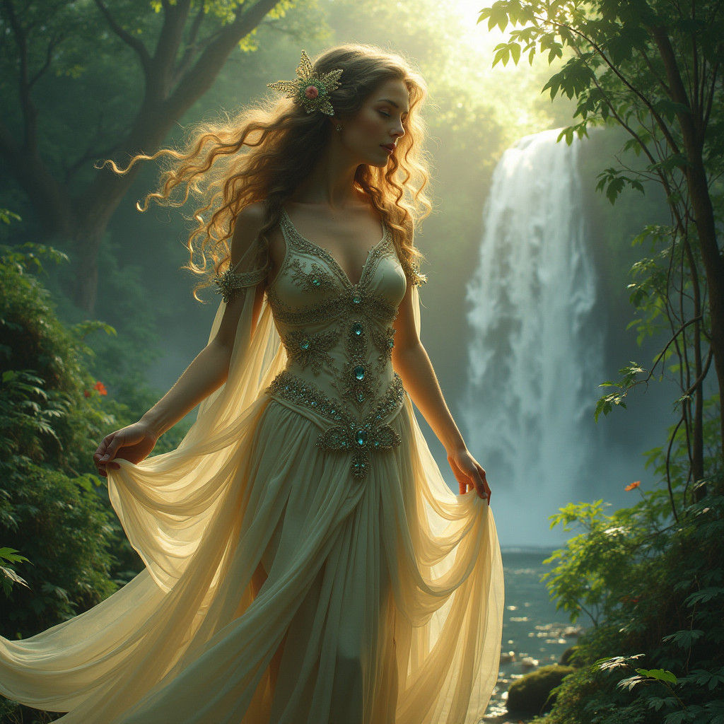 Goddess in Forest with Waterfall, Pre-Raphaelite Style