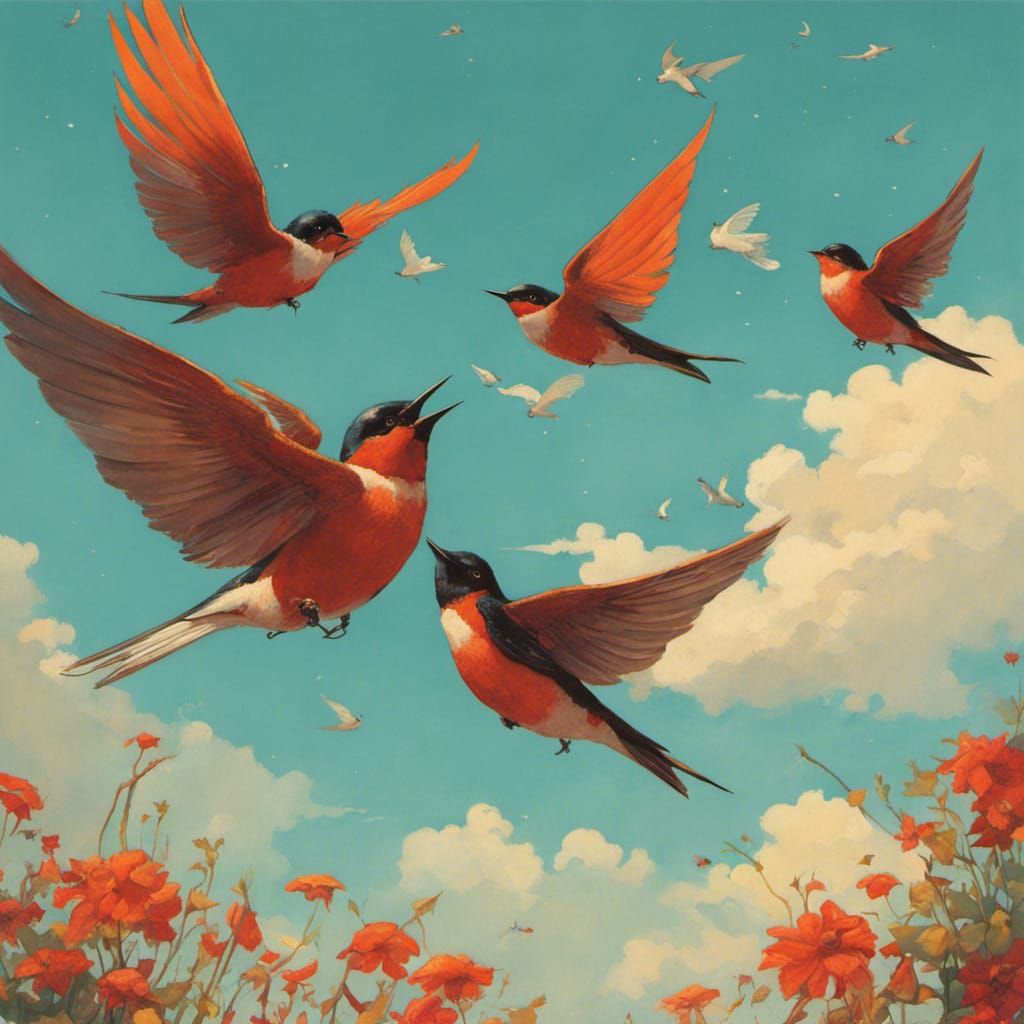 Swallows in Summer Sky: Painterly Nostalgic Artwork