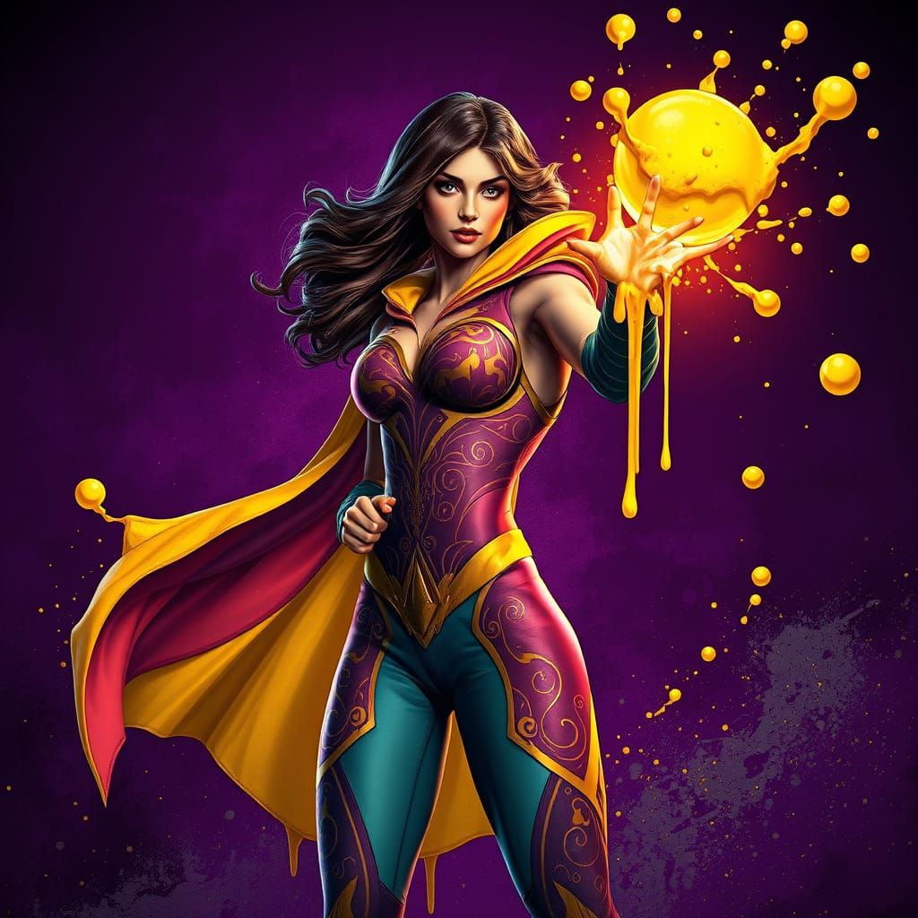 Heroic Female Superhero with Paint Blasts in Art Nouveau Sty...