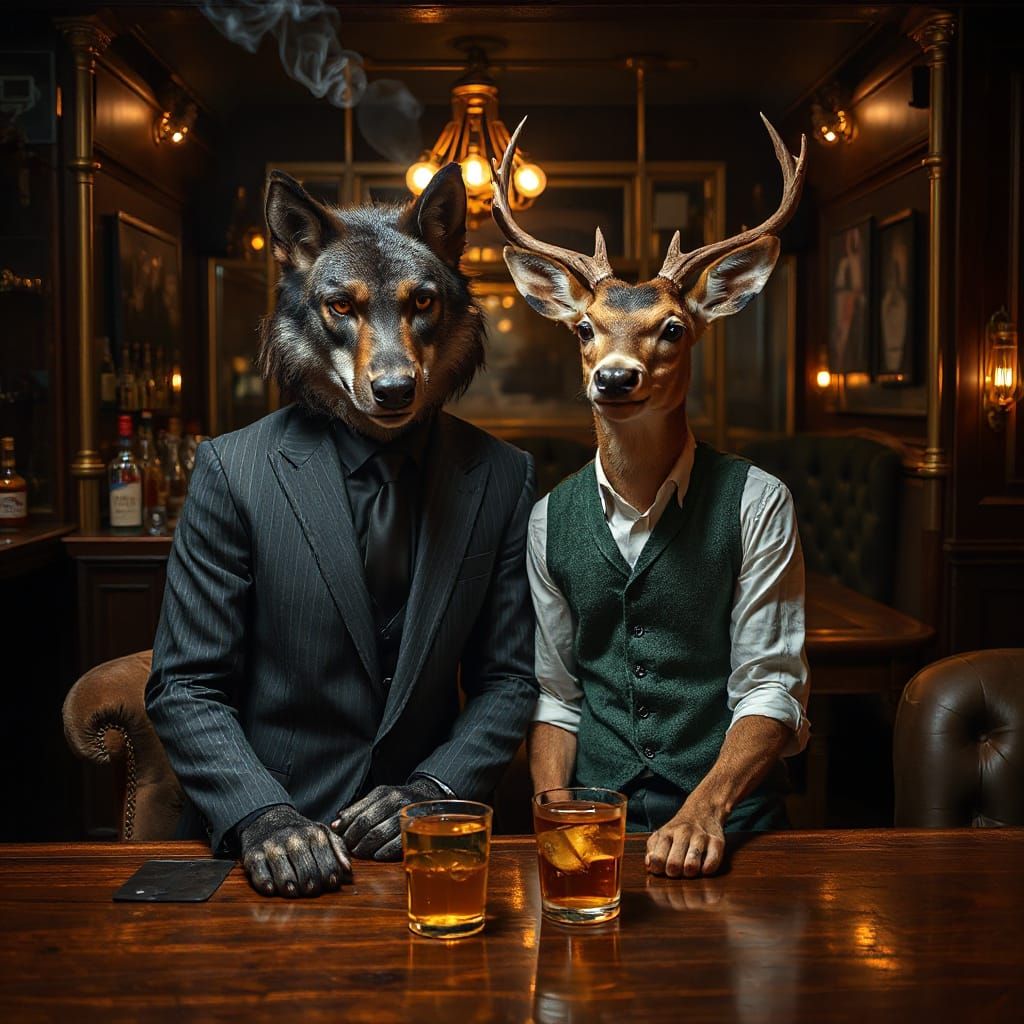 Wolf and Deer in 1920s Speakeasy Bar