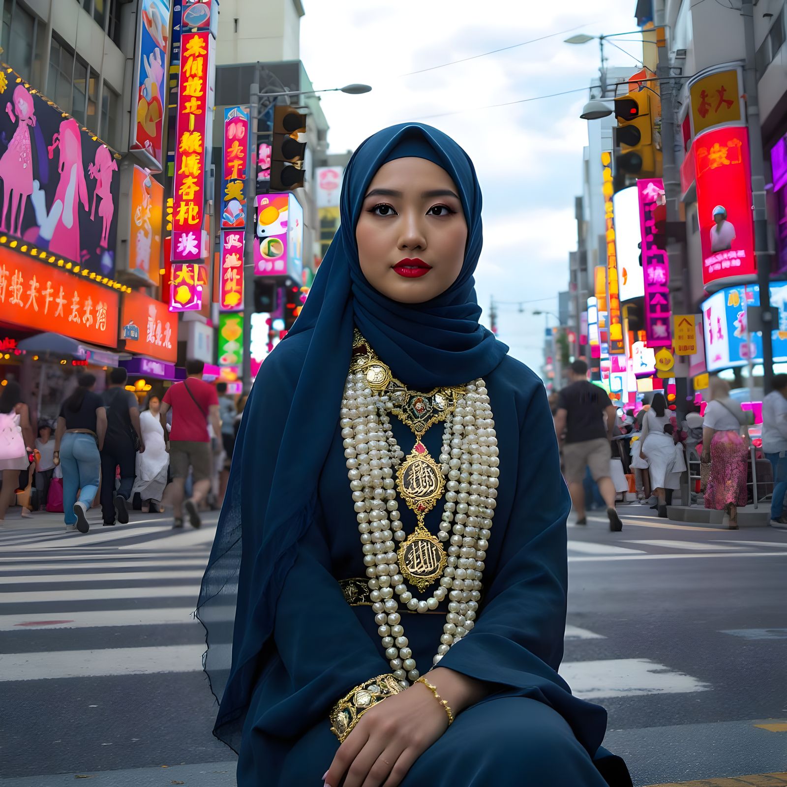 Woman in Hijab with Pearl Jewelry, Modern Art Style