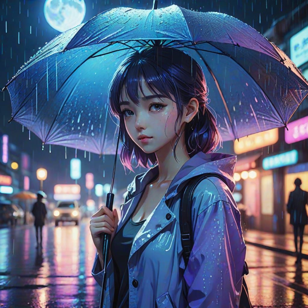 Vibrant Rainy Night Scene in Anime Style