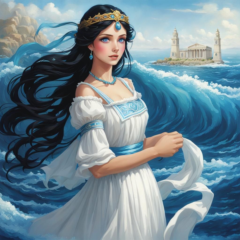 Enchanting Greek Sea Maiden with Black Hair
