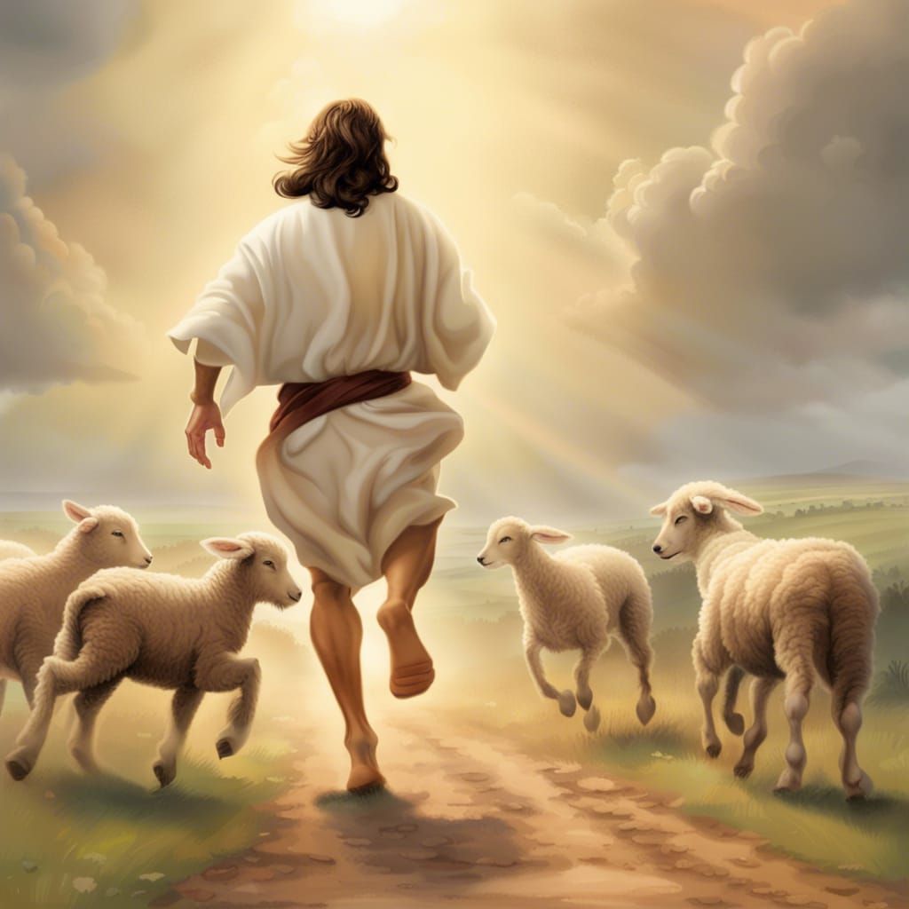 Jesus Pursuing a Lamb in the Distance