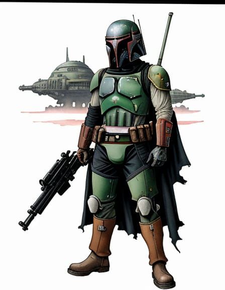 Boba Fett Cartoon with Blaster on Desert Moon
