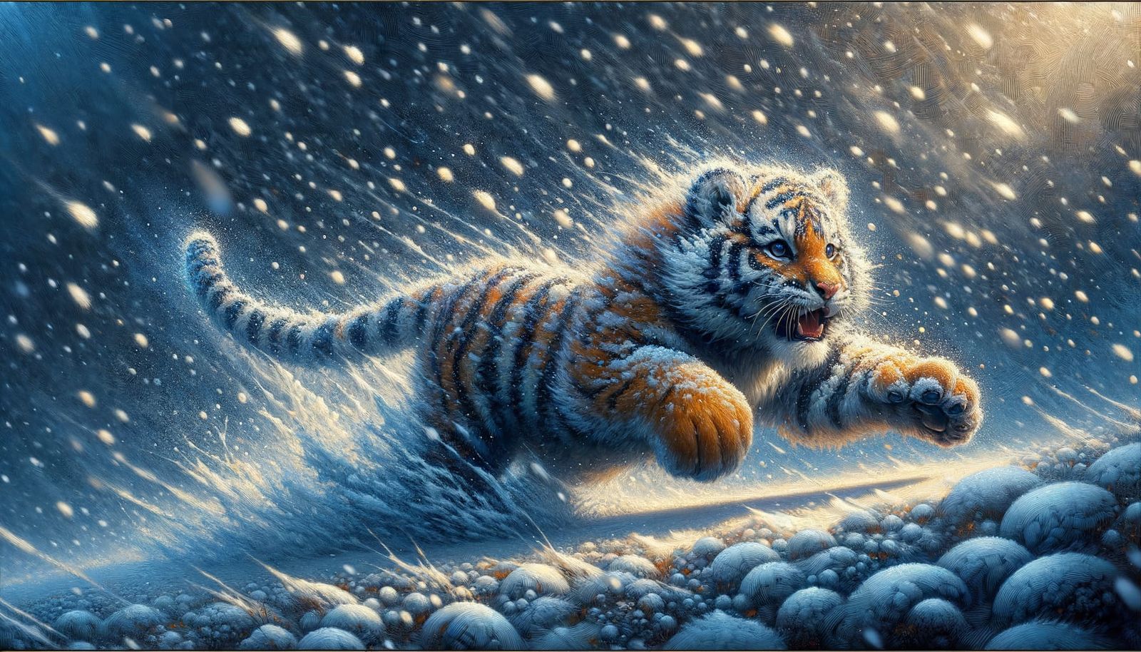 Tiger Cub Playing in Snowdrift, Fantasy Concept Art