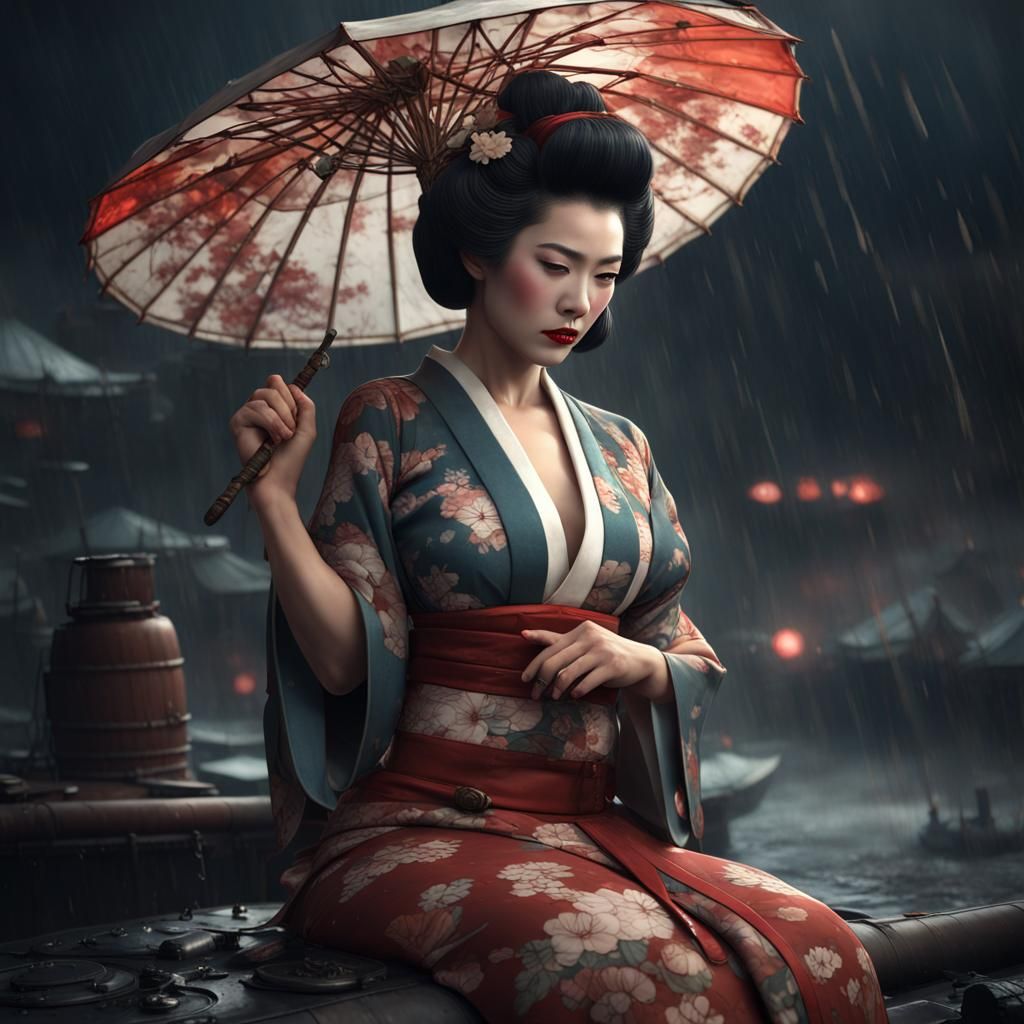 Geisha Pinup on Tank, Detailed Matte Painting