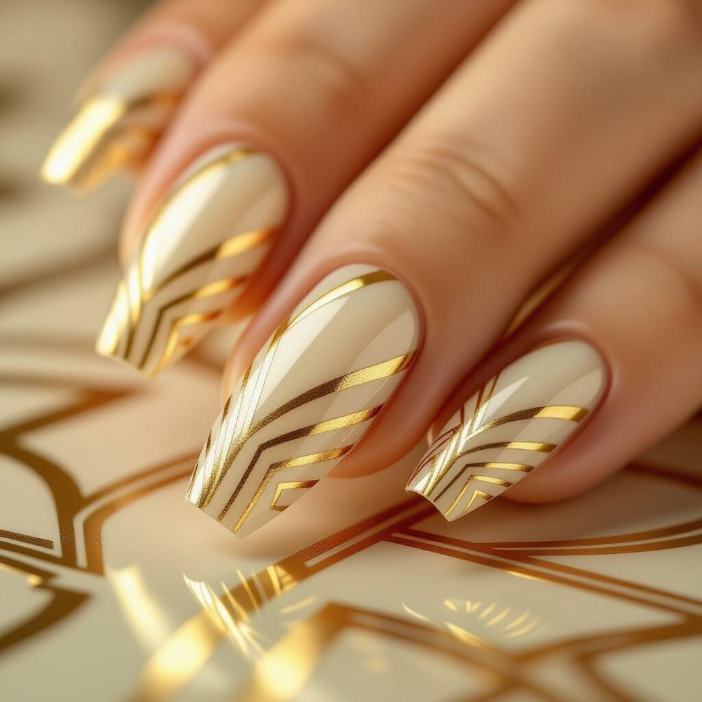 Art Deco Nail Art with Golden Diagonals