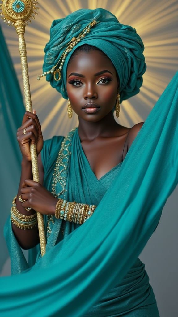 Regal Black Woman in Flowing Turquoise Attire