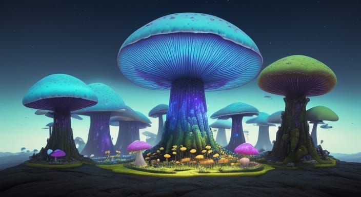 Surreal Landscape of Giant Colorful Mushrooms in Dreamlike W...