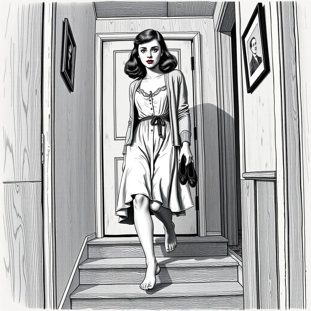 Barefoot Woman Returns Home in Engraving Style