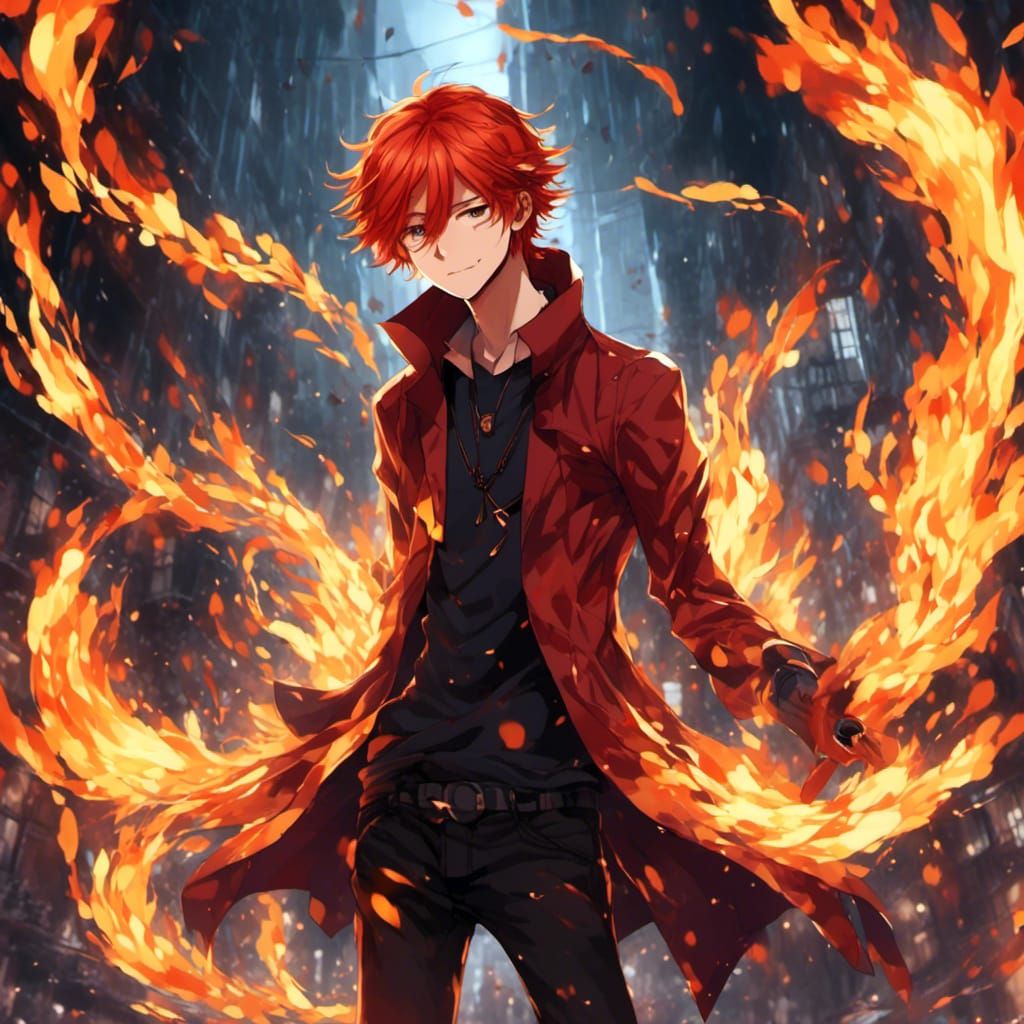 Fiery Red-Haired Anime Character with Flame Powers