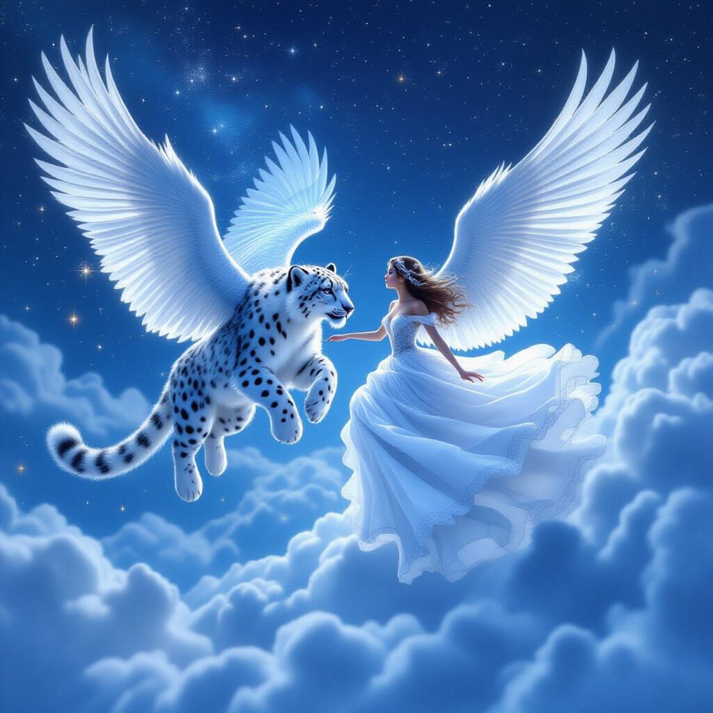 Snow Leopard and Cloud Girl Soaring Through Starry Sky