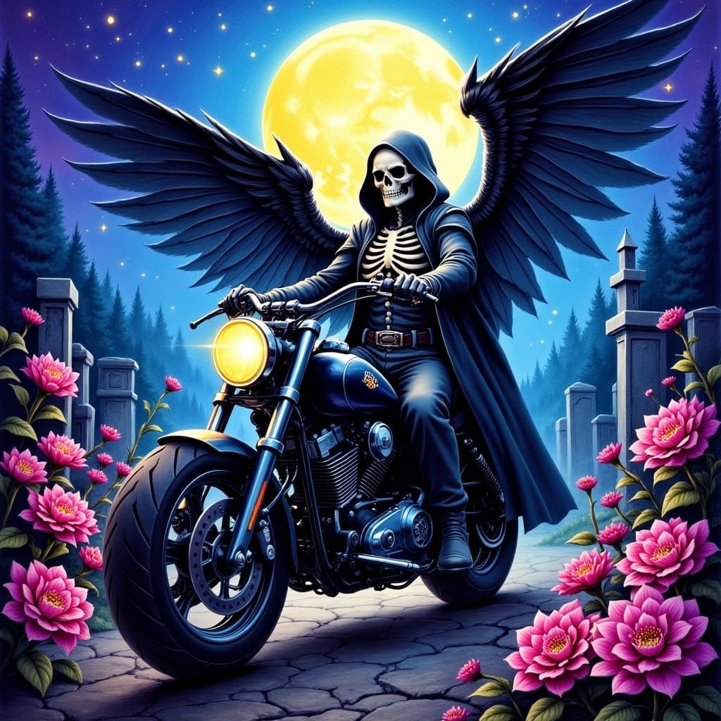 Cyberpunk Skeleton Reaper Rides Moonlit Graveyard on Motorcy...