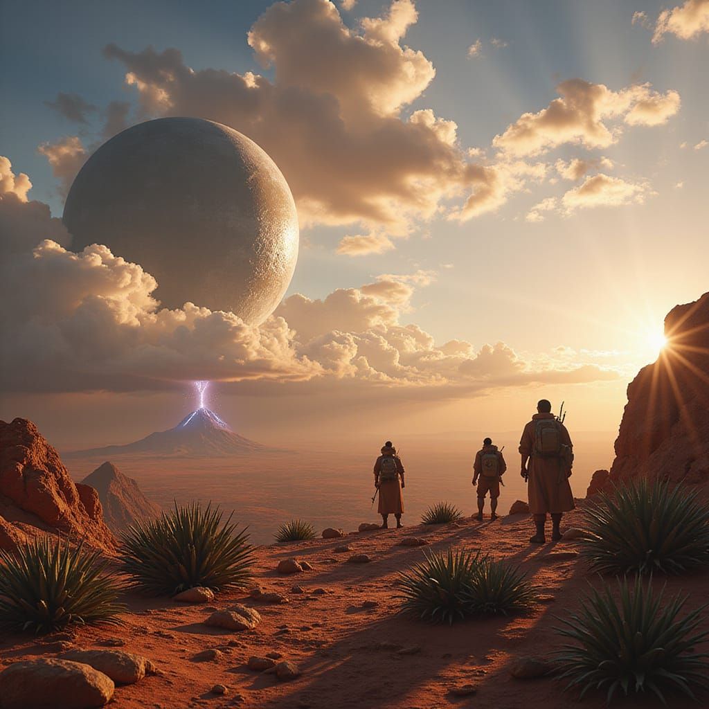 Alien Desert Planet with Ringed Moon and Explorers