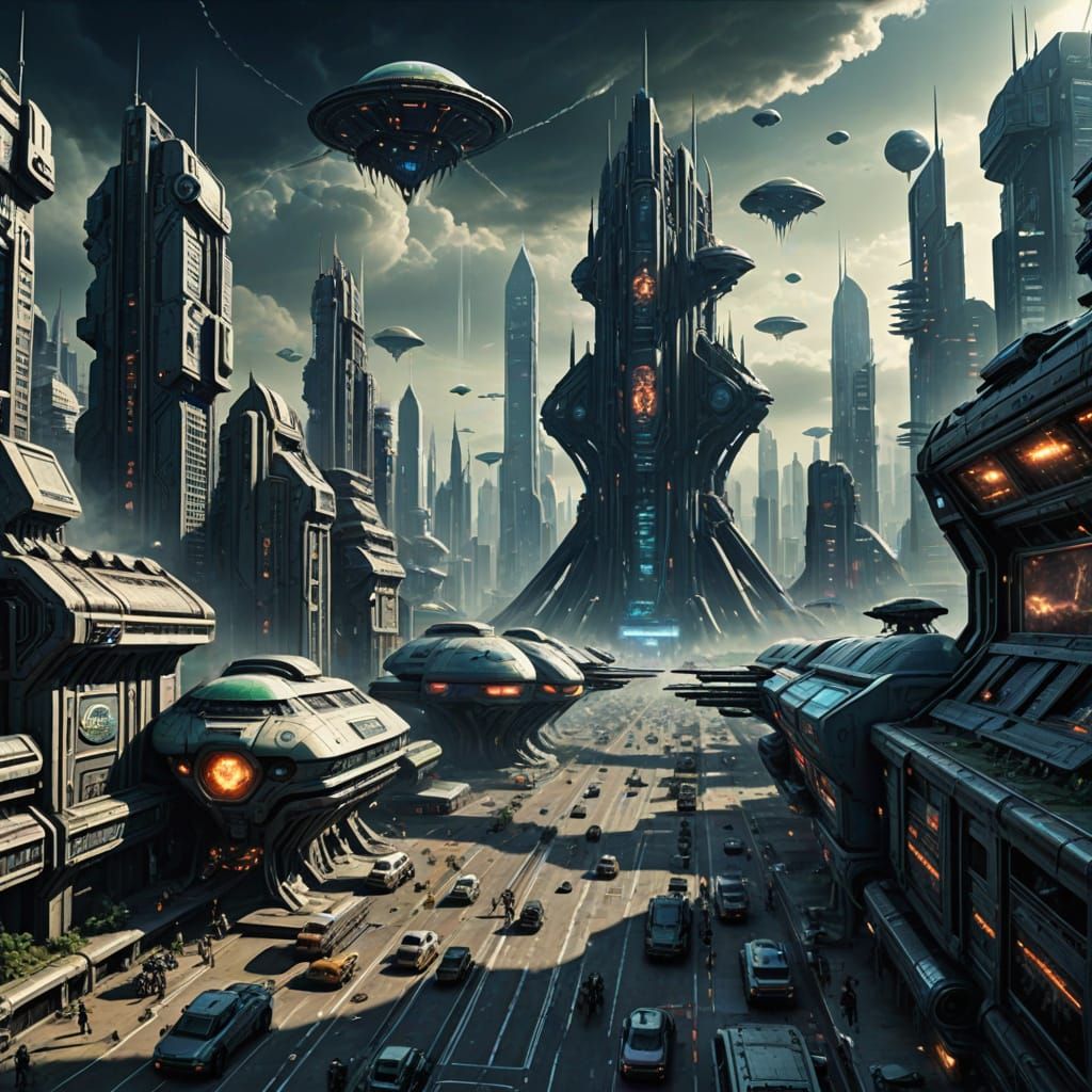 Cyberpunk Megacity Under Siege by Alien Forces