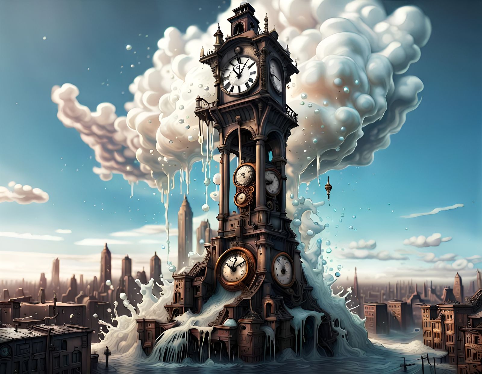 Melting Clockpunk Clocktower in Apocalyptic City