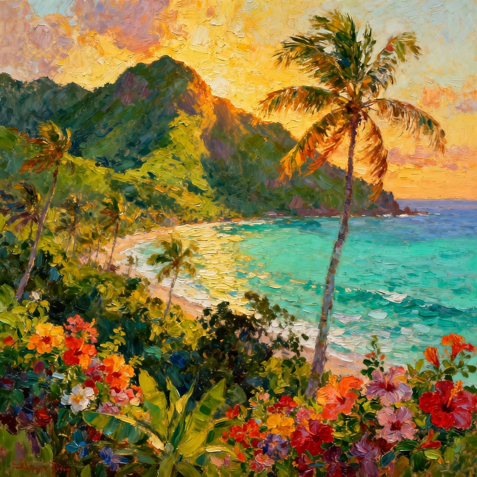 Vibrant Jamaican Landscape in Impressionistic Oil Style