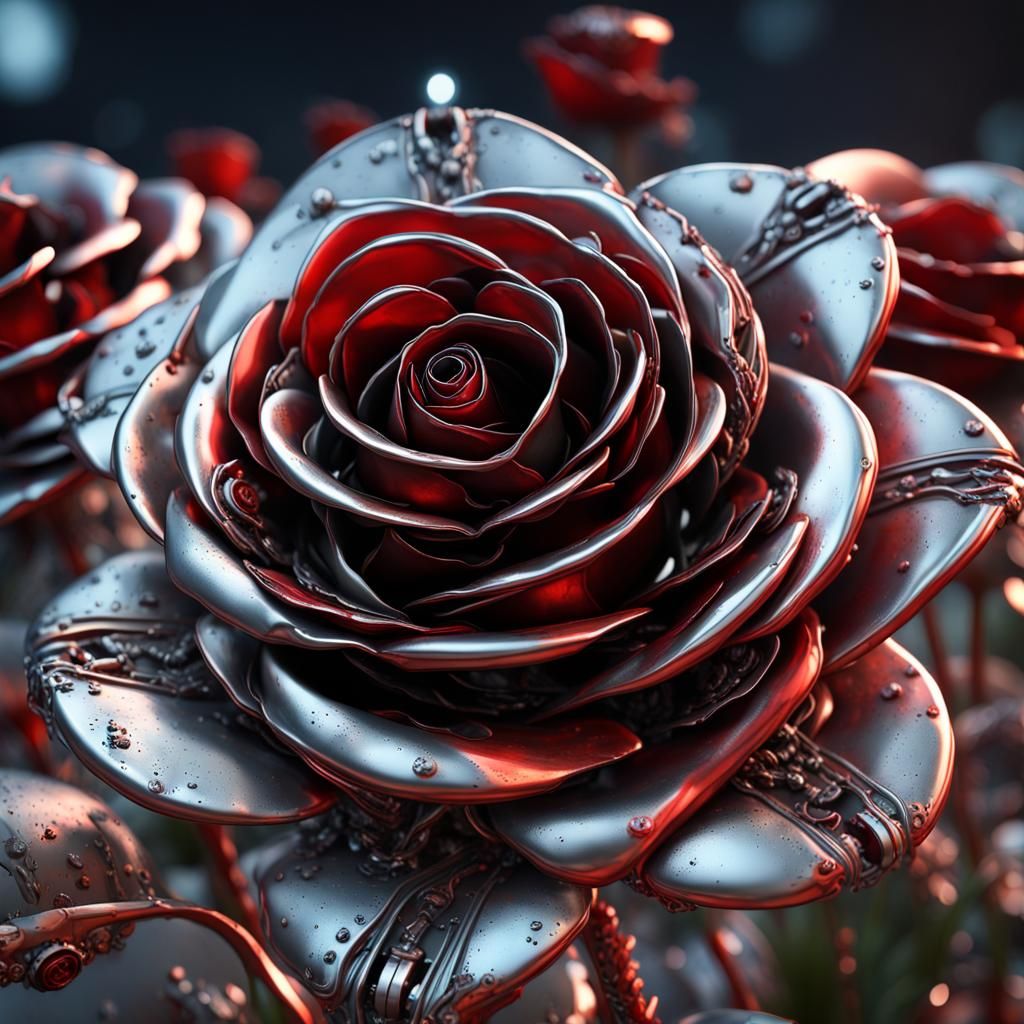 Futuristic Red Steel Rose Under Moonlight