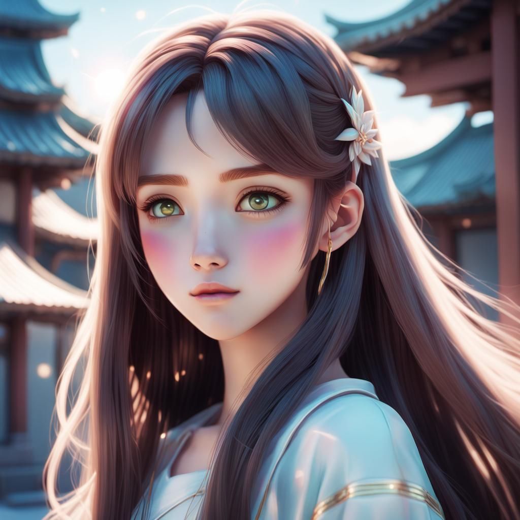 Anime Woman with Luminous Hair in Pastel Colors