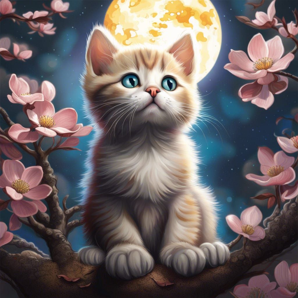 Kitten Gazing at Moon: Hyperrealistic Digital Art