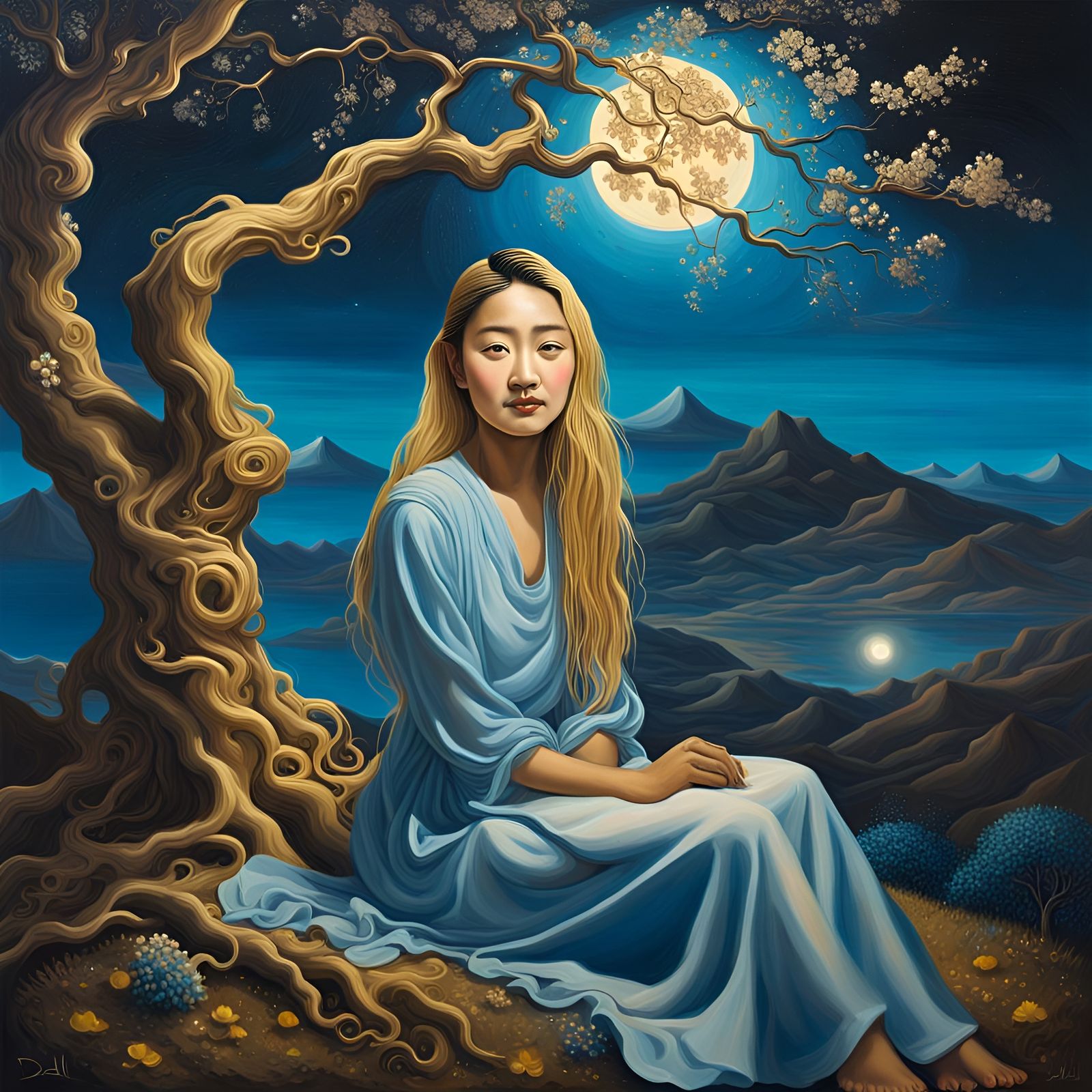 Surreal Portrait of an Asian Girl in Moonlight