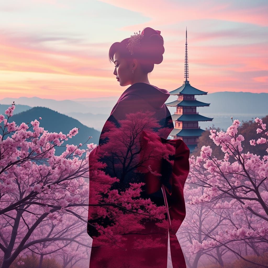Geisha Silhouette with Cherry Orchard at Dawn