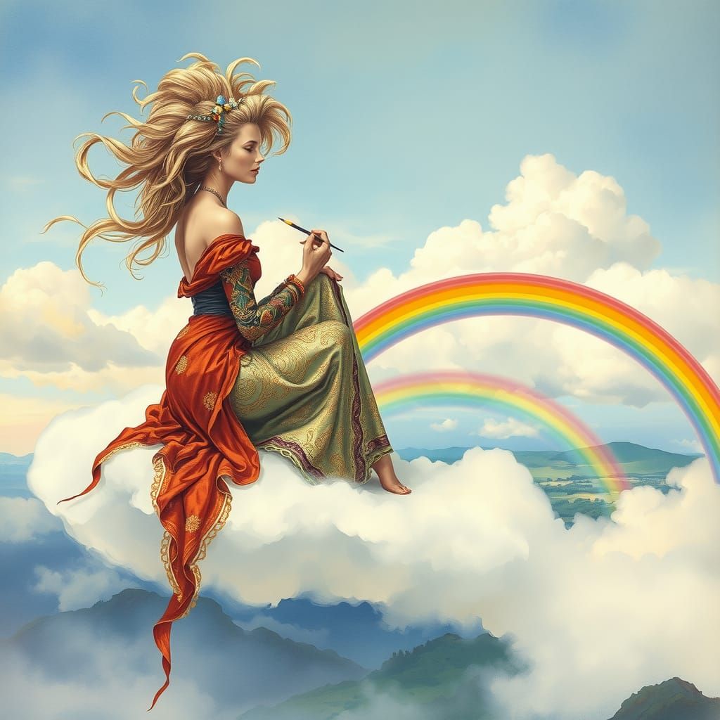 Woman Paints Rainbow in Watercolour Illustration