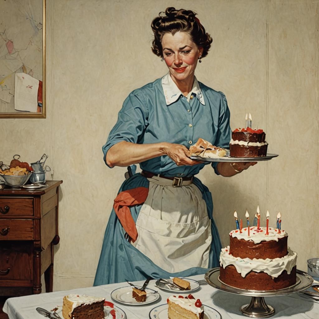 Mid-Century Homemaker with Birthday Cake, Rockwell Style